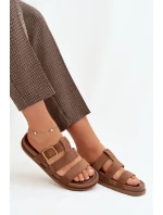 Dámské pantofle s pásky a zlatým sponou, hnědé Ulirissa