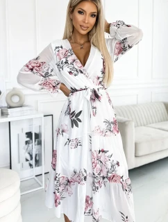 436-2 VALENTINA Midi šaty s výstřihem a páskem - BÍLÉ S RŮŽEMI