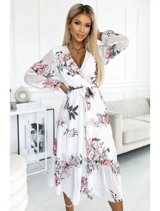 436-2 VALENTINA Midi šaty s výstřihem a páskem - BÍLÉ S RŮŽEMI