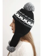 Dámská zimní čepice vlněná s ušima a bambulkami K436 černá + grafitová