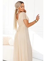 635-9 MELANIA dlouhé třpytivé svatební šaty s výstřihem a krátkými rukávy - béžové
