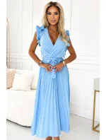 543-2 Plisované midi šaty s výstřihem a jemnými volánky - MODRÉ