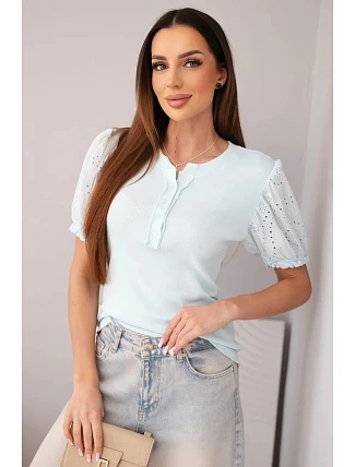 Dámská bavlněná žebrovaná halenka s nabíraným rukávem a knoflíky světle mátová