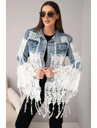 Dámská džínová bunda bavlněná s krajkou a třásněmi tmavě džínová Dámská džínová bunda bavlněná s krajkou a třásněmi tmavě džínová