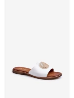 Zazoo 2938 Kožené Žabky Na Ploché Podrážce S Ozdobou Bílé