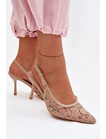 Dámské sandály na podpatku s krajkou tmavě béžové Pelivelle