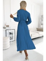 504-5 VIVIANA Plisované midi šaty se srdíčkovým výstřihem, dlouhými rukávy a širokým páskem - barva JEANS 504-5 VIVIANA Plisované midi šaty se srdíčkovým výstřihem, dlouhými rukávy a širokým páskem - barva JEANS