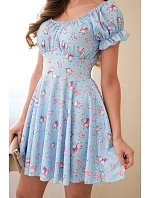 Dámské květinové šaty s nabíraným rukávem a elastickým pasem modrá