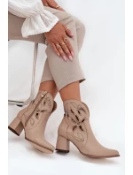Kožené dámenské vzorované boty na podpatku Zazoo 3647 světle béžové