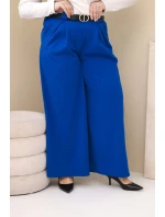 Dámské kalhoty Plus Size viskózové s širokými nohavicemi a páskem chabrové