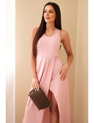 Dámské bavlněné midi šaty bez rukávů s řasením světle pudrově růžové