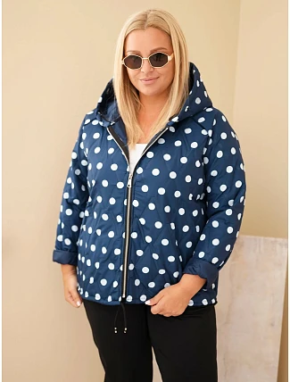Dámská bunda Plus Size s kapucí a puntíky modrá granatowa