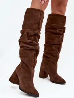 Vlnité kozačky z pravé semišové kůže na podpatku vyhřívané Zazoo 4228 hnědé