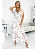 434-4 LISA Plisované midi šaty s výstřihem a volánky - broskvový květ na bílém pozadí