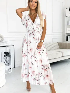 434-4 LISA Plisované midi šaty s výstřihem a volánky - broskvový květ na bílém pozadí