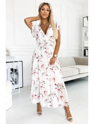 434-4 LISA Plisované midi šaty s výstřihem a volánky - broskvový květ na bílém pozadí