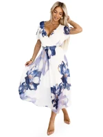 601-1 Vzdušné midi šaty s obálkovým výstřihem a velkým květinovým vzorem - modré odstíny 601-1 Vzdušné midi šaty s obálkovým výstřihem a velkým květinovým vzorem - modré odstíny