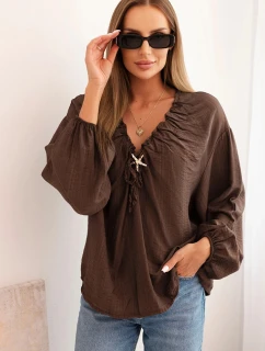 Dámská blůza s viskózou s nařaseným výstřihem a ozdobou hnědá