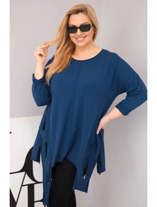 Dámská bavlněná blůza Plus Size s asymetrickým spodním lemem a výřezy modrá