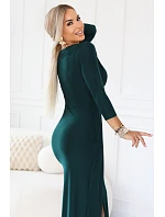 404-15 Elegantní dlouhé šaty s obálkovým výstřihem a rozparkem - lahvově zelené
