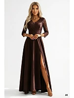 309-14 AMBER elegantní dlouhé krajkové šaty s výstřihem - čokoládové