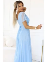 562-5 NASTIA Dlouhé šaty s výstřihem a krátkými rukávy - MODRÉ