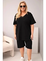 Dámská bavlněná souprava Plus Size s halenkou a kraťasy černá Dámská bavlněná souprava Plus Size s halenkou a kraťasy černá