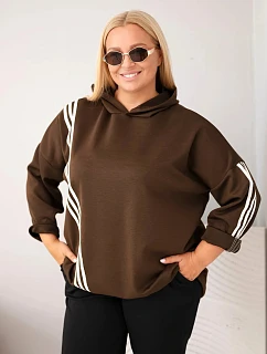 Dámská plus size viskózová mikina s kapucí a ozdobnými pásky hnědá