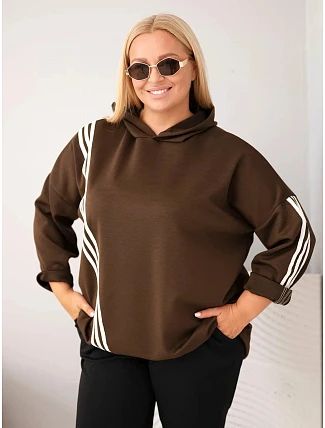 Dámská plus size viskózová mikina s kapucí a ozdobnými pásky hnědá Dámská plus size viskózová mikina s kapucí a ozdobnými pásky hnědá