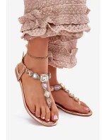 Dámské sandály na plochém podpatku s krystaly růžové zlato Fiolalia