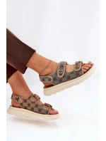 Dámské Vzorované Textilní Sandály Se Zlatými Detaily Khaki Pefese