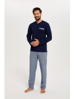 Pánské pyžamo Jaromír, dlouhý rukáv, dlouhé kalhoty - tmavě modrá/potisk
