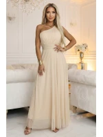 656-2 Dlouhé třpytivé večerní šaty na jedno rameno - šampaňsko-béžové