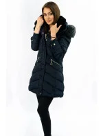 Tmavě modrá prošívaná dámská zimní bunda s kapucí (w732)