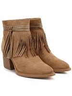 Dámské kovbojské kotníkové boty s třásněmi, zateplené, barva camel, M. Daszyński