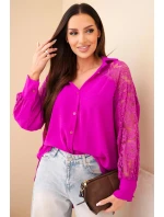 Dámská viskózová košile s krajkovými rukávy a límečkem tmavě fialová