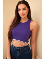 Dámský krátký žebrovaný top z bavlny s ozdobnými třásněmi fialová