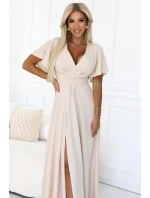 581-6 JENNIFER dlouhé šaty s rozparkem na nohou, rukávy a výstřihem - BEACH