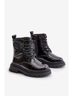 Lakované boty dívčí zateplené kožešinou na zip černé Evaliraea