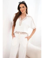 Dámský máslový komplet s polokošilí a širokými kalhotami béžový