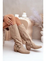 Semišové Čižmy Na Nízkém Podpatku S Návleky Před Kolena Světle Béžové Zazoo 3444/O
