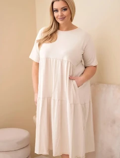 Dámské bavlněné šaty Plus Size s krátkým rukávem a volánem béžová