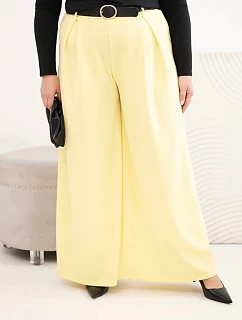 Dámské kalhoty Plus Size se širokou nohavicí a páskem žluté