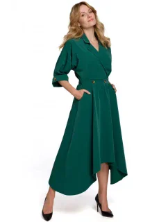 K086 Šaty v délce midi s ozdobnými knoflíky - zelené