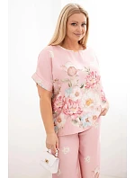 Dámský komplet Plus Size s halenkou a kalhotami s květinovým vzorem a širokými nohavicemi pudrově růžová Dámský komplet Plus Size s halenkou a kalhotami s květinovým vzorem a širokými nohavicemi pudrově růžová