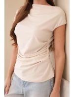 Dámská žebrovaná halenka z viskózy s vodopádovým výstřihem a nařasením béžová