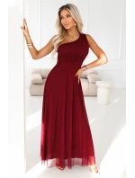 656-1 Dlouhé třpytivé večerní šaty na jedno rameno - vínové