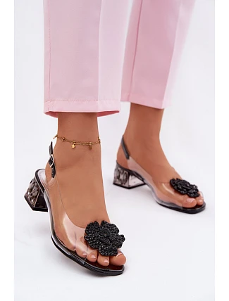 Průhledné sandály na platformě s krystaly a květinou Vinceza 70122 Černé