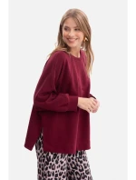 B306 Pletená mikina uvolněného střihu - vínová