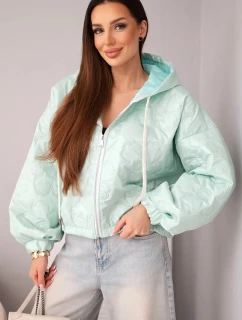 Dámská bunda prošívaná s kapucí a ozdobným květinovým vzorem mátová